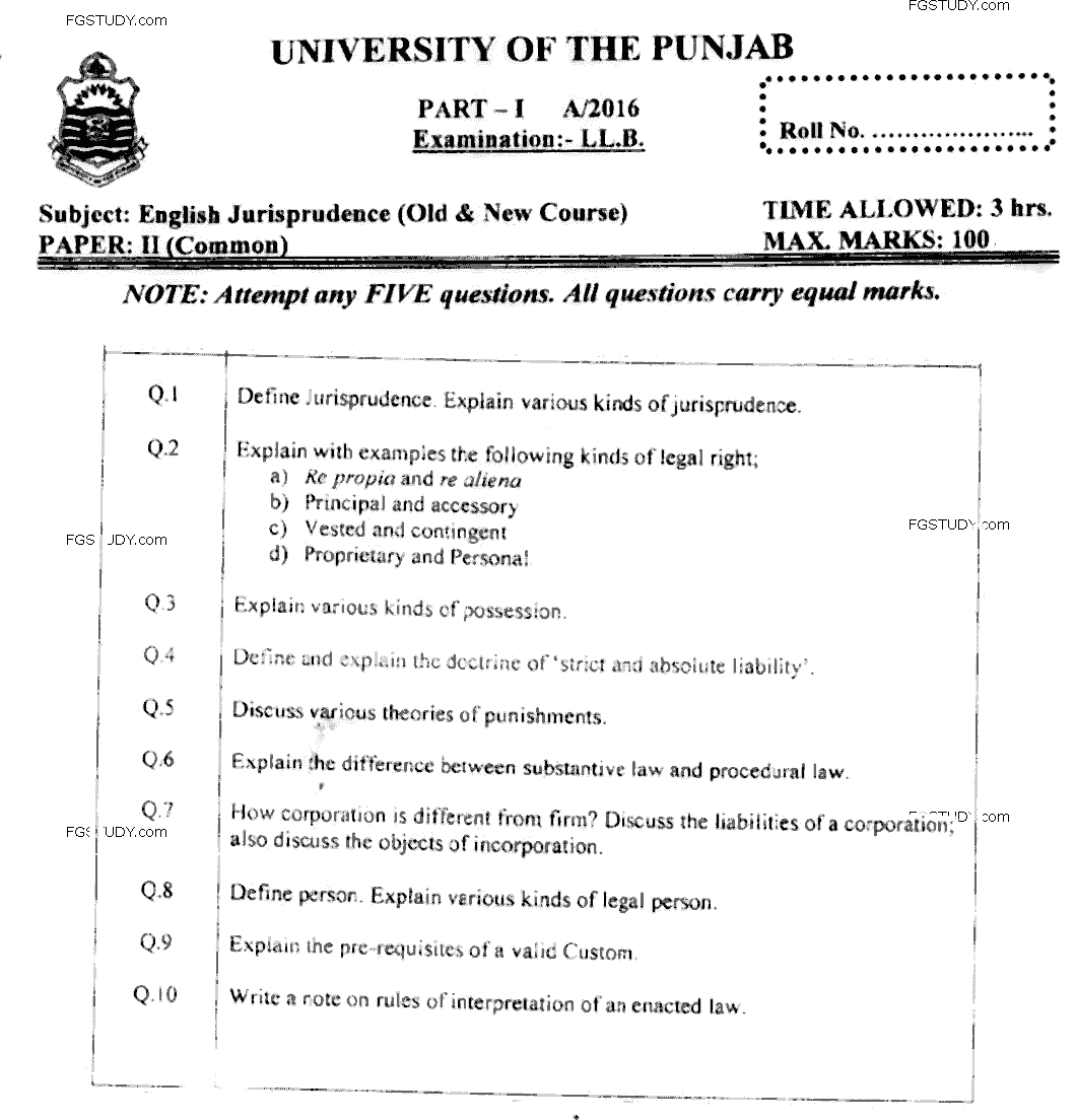 LLB Part 1 English Jurisprudence Past Paper 2016 Punjab University