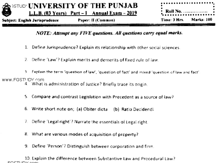 LLB Part 1 English Jurisprudence Past Paper 2019 Punjab University