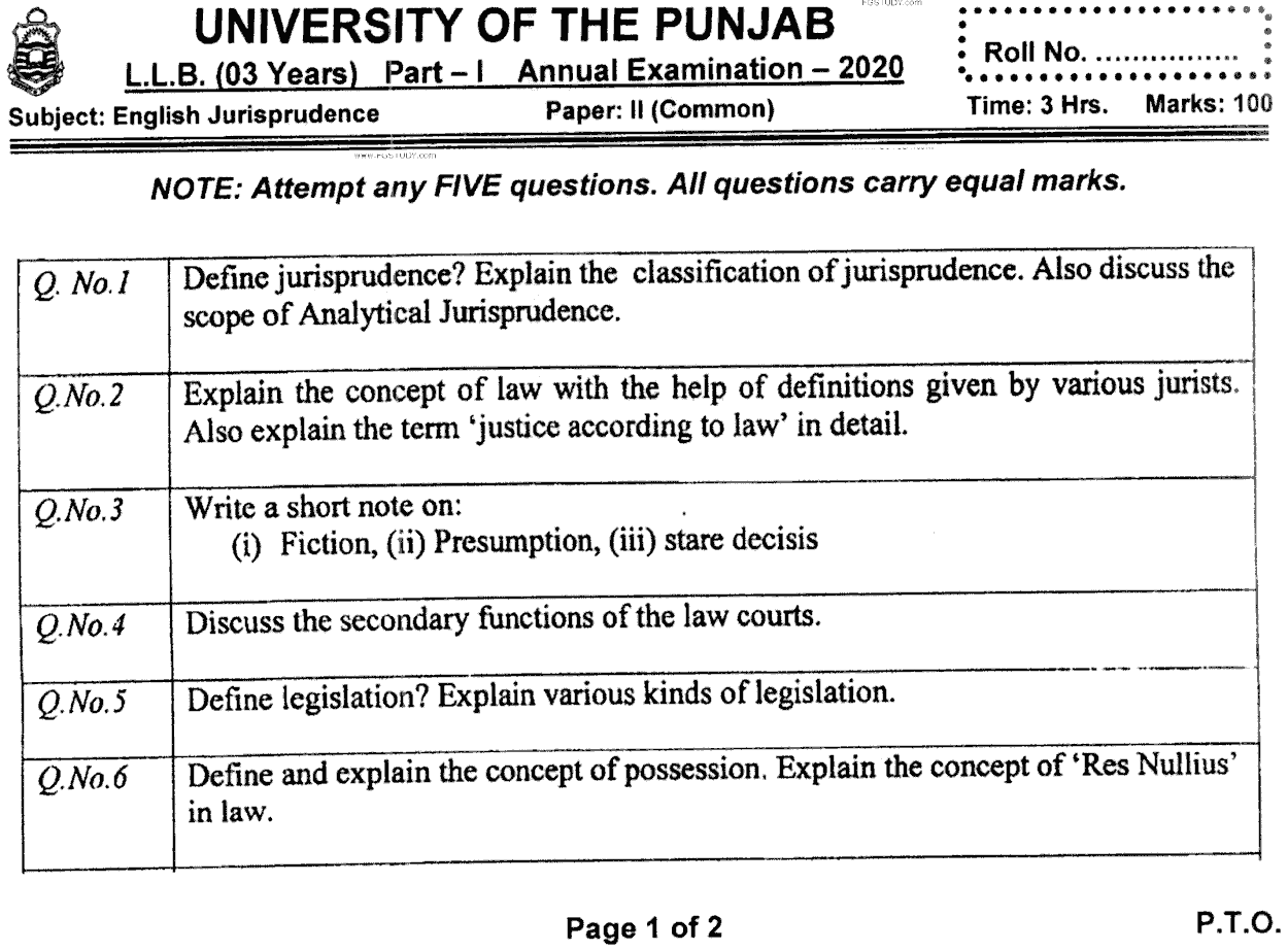 LLB Part 1 English Jurisprudence Past Paper 2020 Punjab University