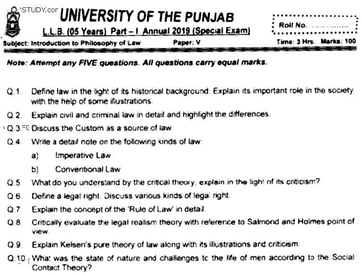 LLB Part 1 Introduction To Philosophy Of Law Past Paper 2019 Punjab University