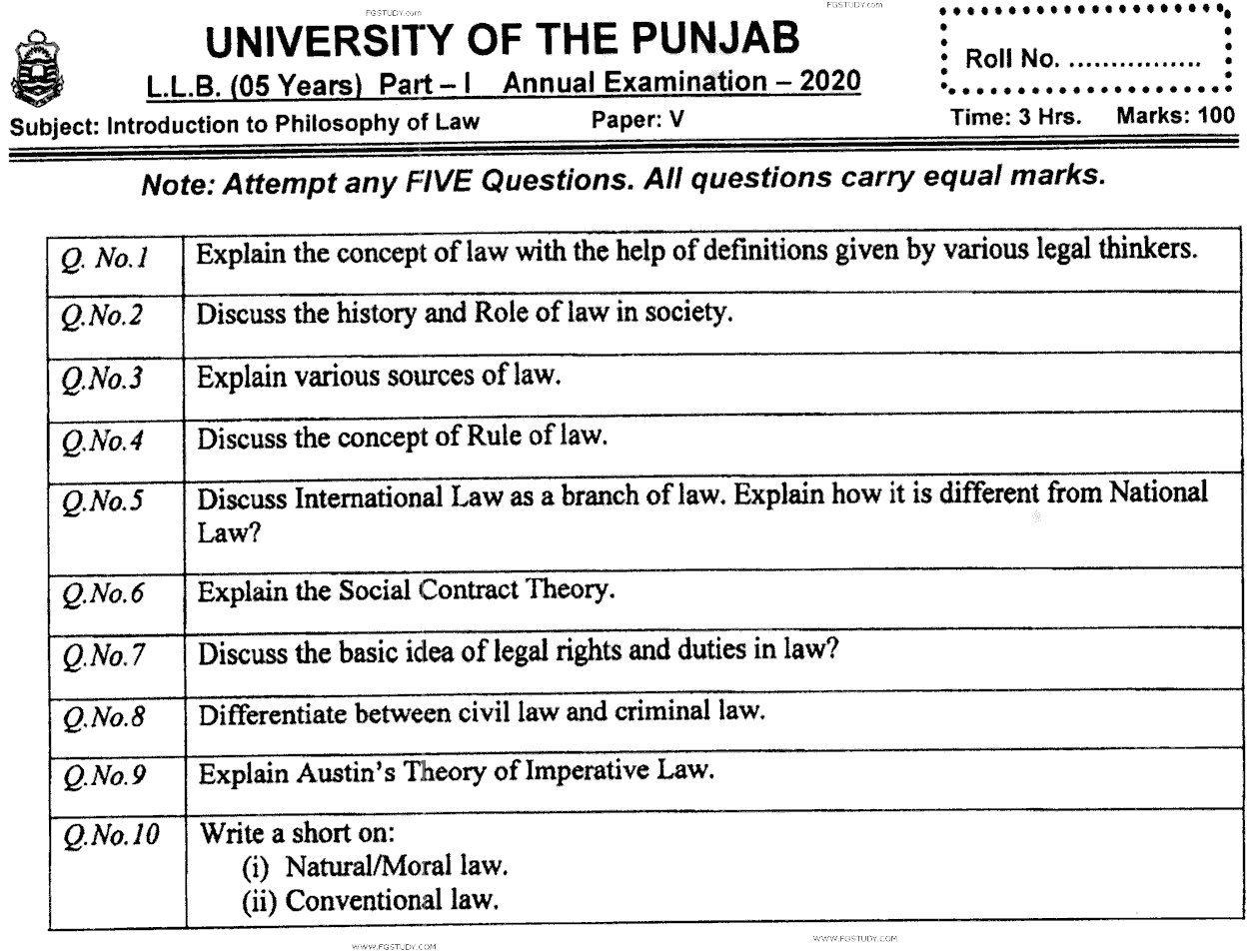 LLB Part 1 Introduction To Philosophy Of Law Past Paper 2020 Punjab University