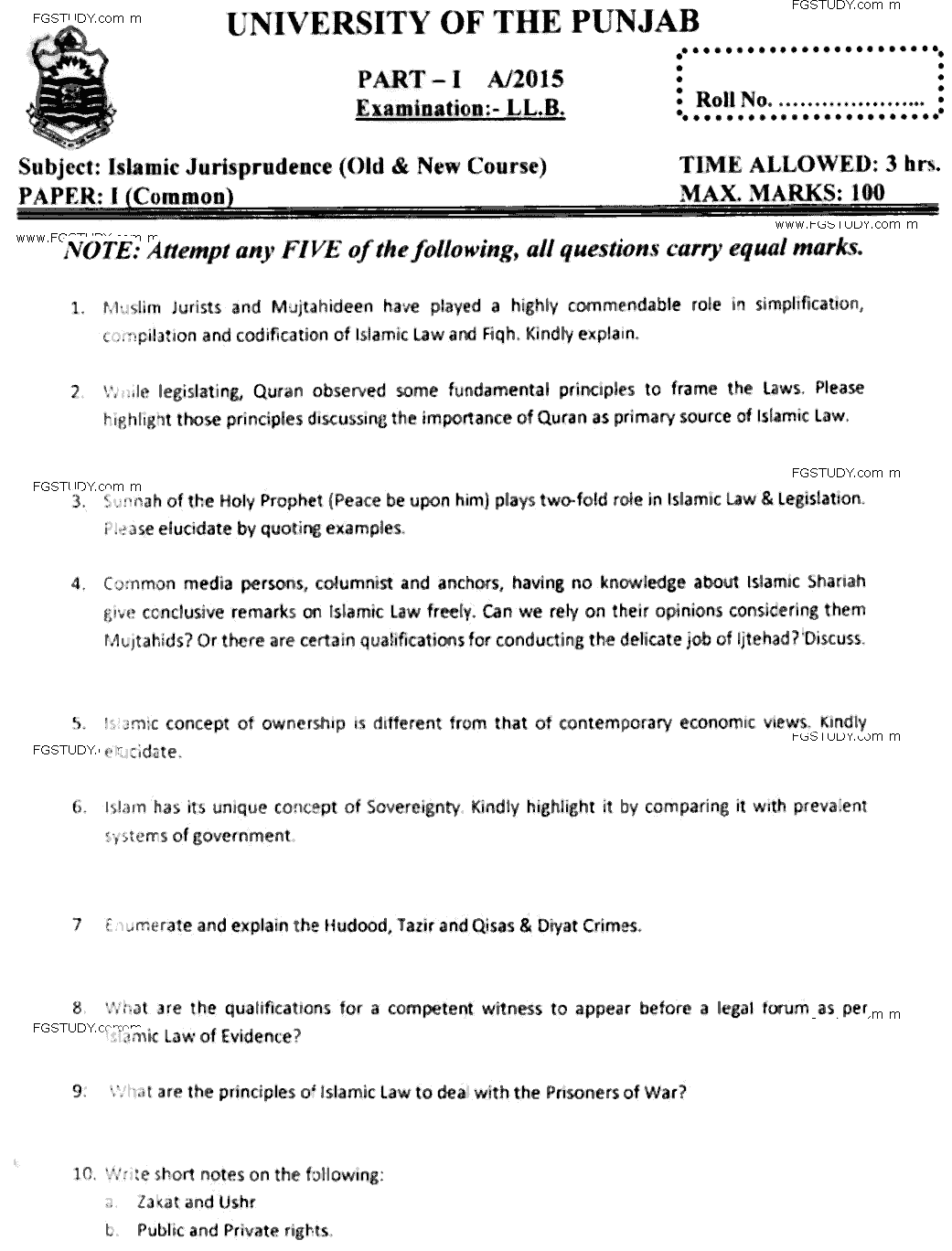LLB Part 1 Islamic Jurisprudence Past Paper 2015 Punjab University