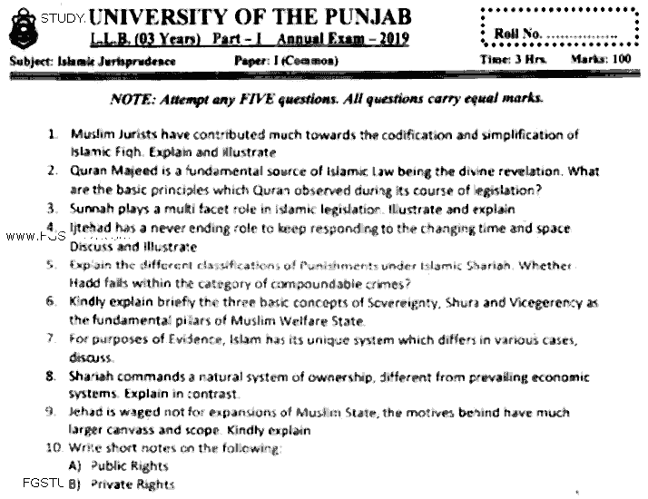 LLB Part 1 Islamic Jurisprudence Past Paper 2019 Punjab University