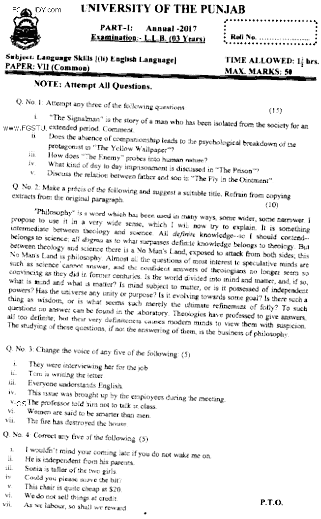 LLB Part 1 Language Skills 2 English Language Past Paper 2017 Punjab University