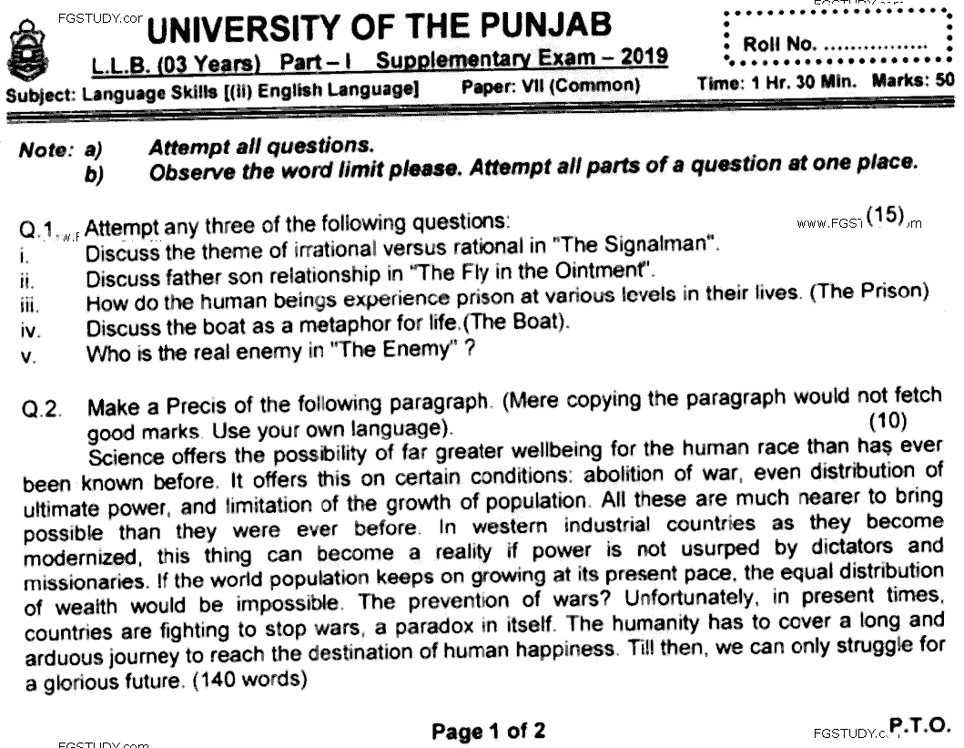 LLB Part 1 Language Skills 2 English Language Past Paper 2019 Punjab University