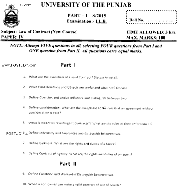 LLB Part 1 Law Of Contract Past Paper 2015 Punjab University