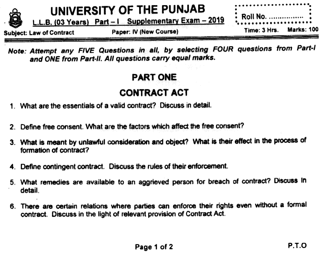 LLB Part 1 Law Of Contract Past Paper 2019 Punjab University