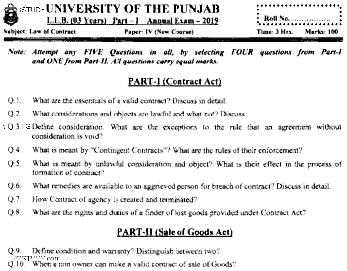 LLB Part 1 Law Of Contract Past Paper 2019 Punjab University