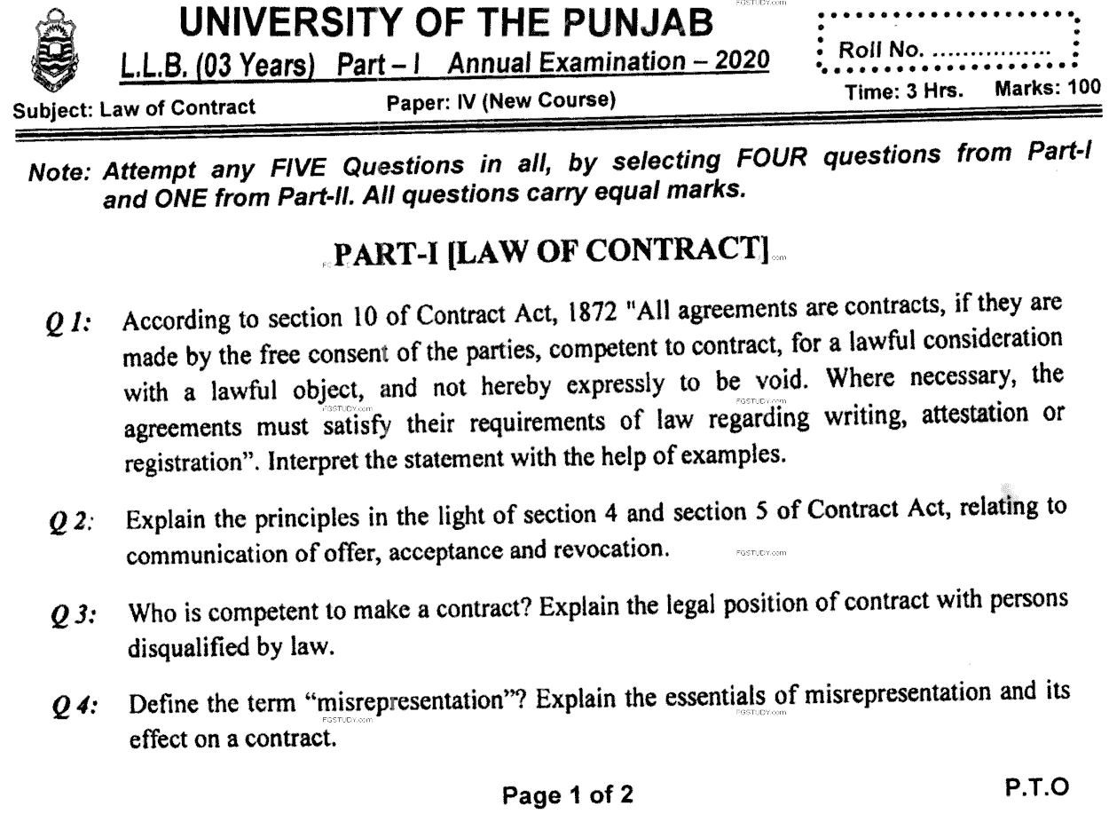 LLB Part 1 Law Of Contract Past Paper 2020 Punjab University