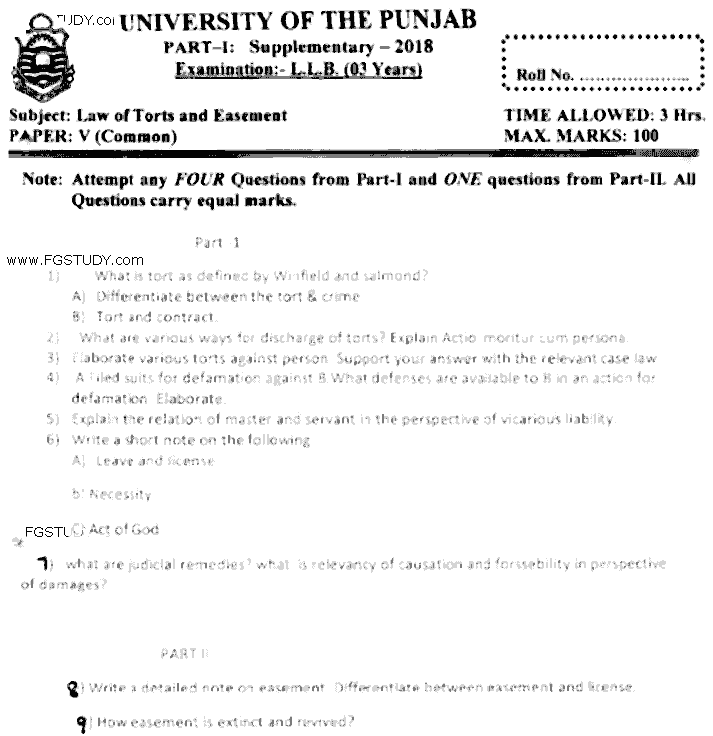 LLB Part 1 Law Of Torts Easement Past Paper 2018 Punjab University