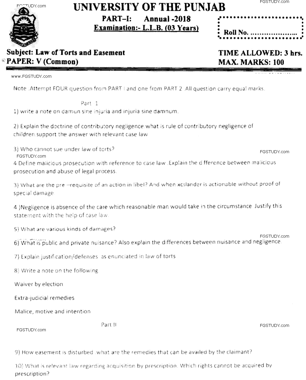 LLB Part 1 Law Of Torts Easement Past Paper 2018 Punjab University