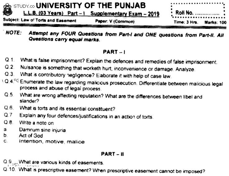 LLB Part 1 Law Of Torts Easement Past Paper 2019 Punjab University