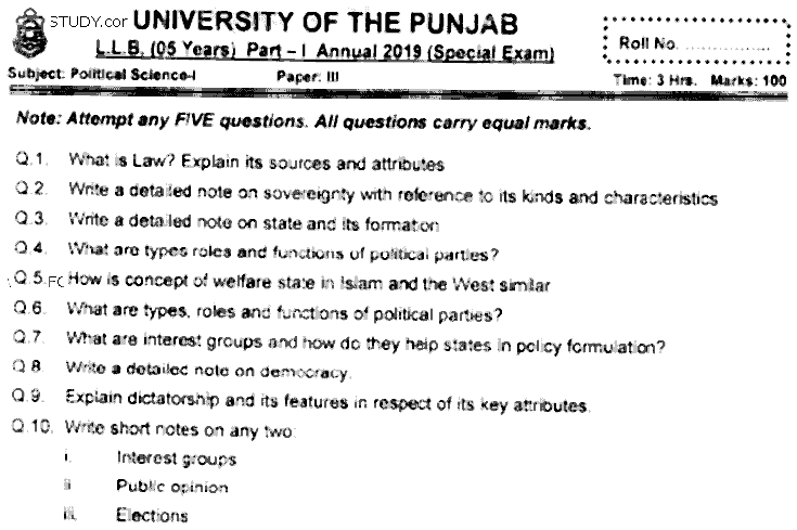 LLB Part 1 Political Science 1 Past Paper 2019 Punjab University