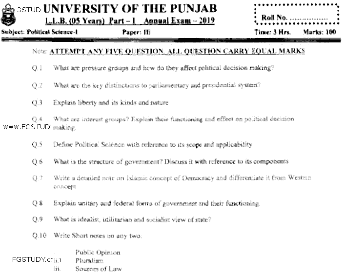 LLB Part 1 Political Science 1 Past Paper 2019 Punjab University