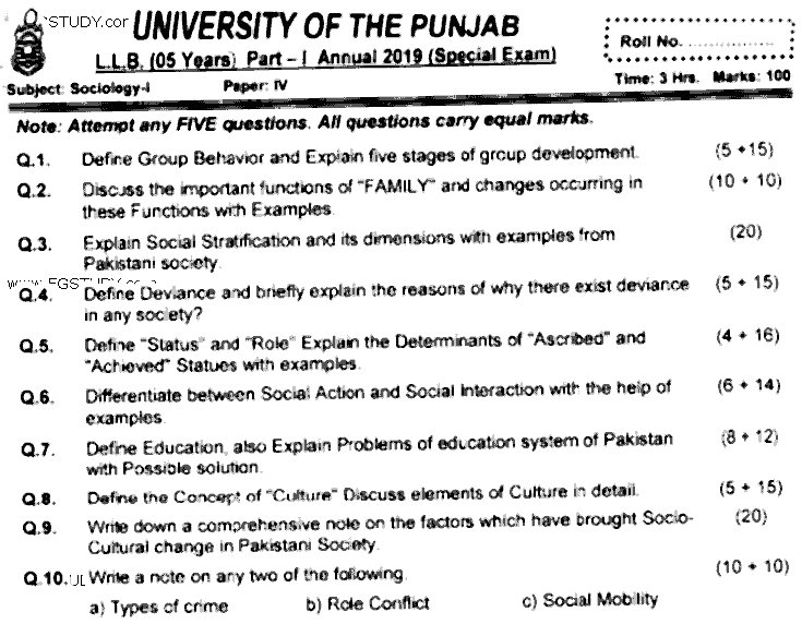 LLB Part 1 Sociology 1 Past Paper 2019 Punjab University