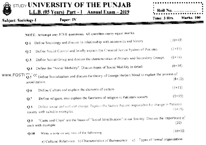 LLB Part 1 Sociology 1 Past Paper 2019 Punjab University