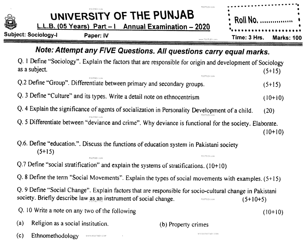LLB Part 1 Sociology 1 Past Paper 2020 Punjab University