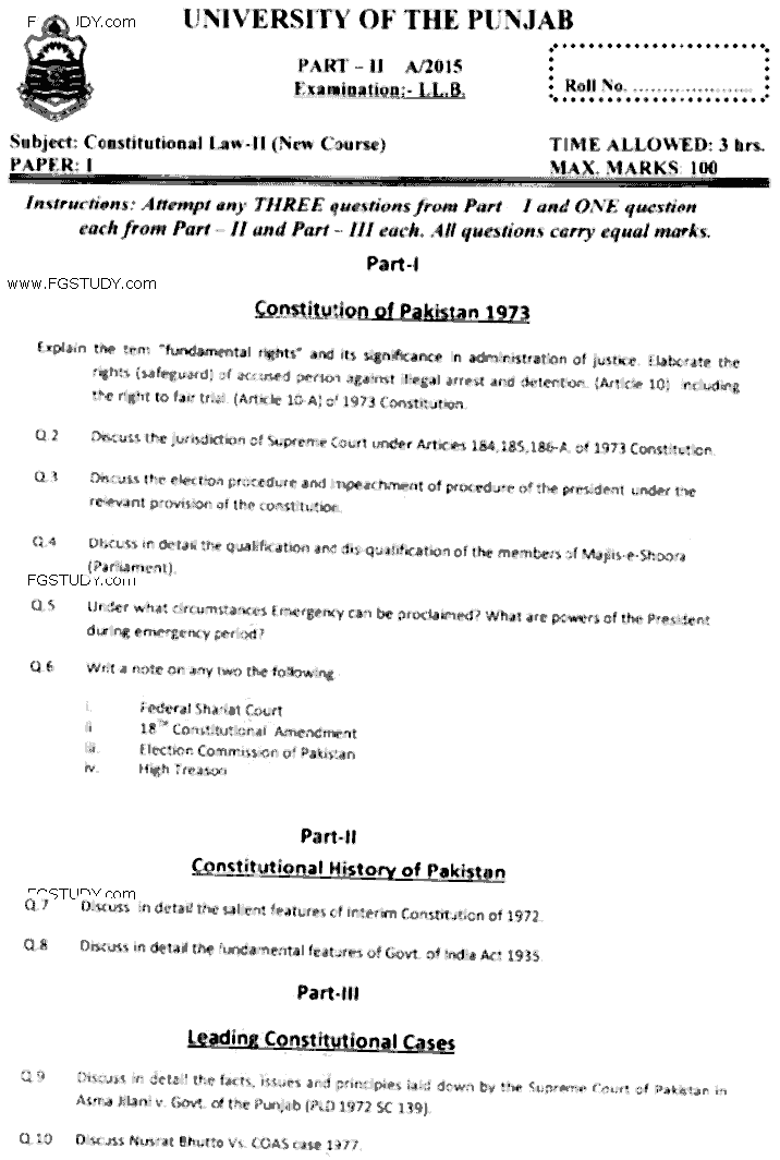 LLB Part 2 Constitutional Law 2 Past Paper 2015 Punjab University