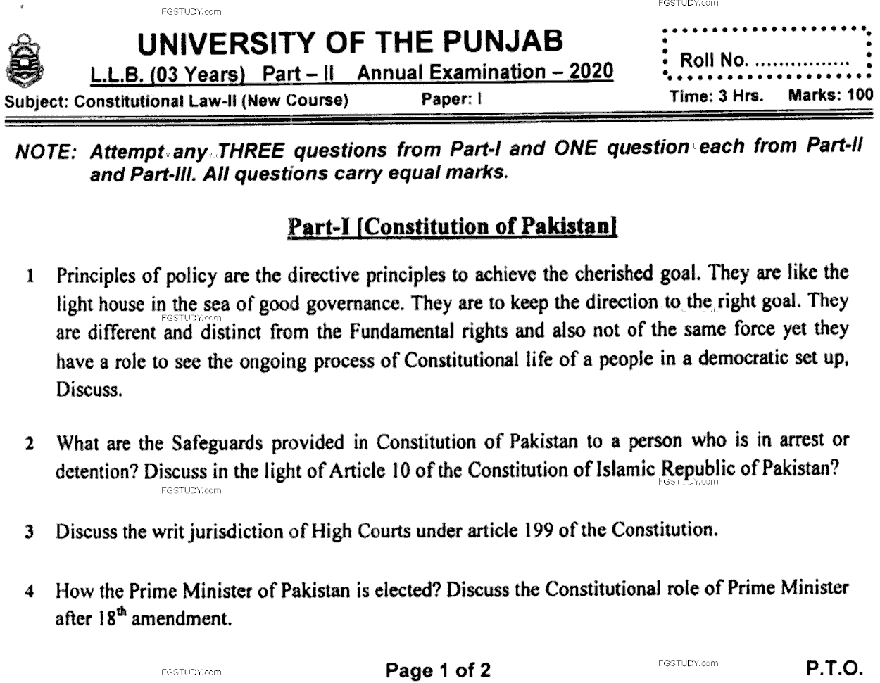 LLB Part 2 Constitutional Law 2 Past Paper 2020 Punjab University