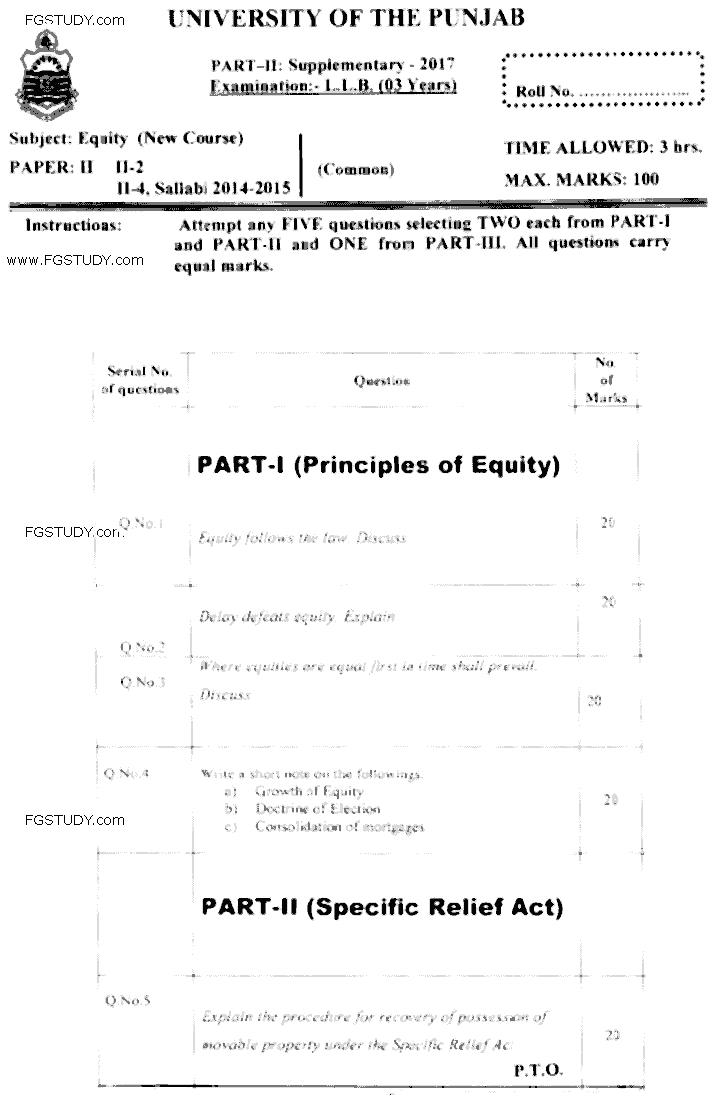 LLB Part 2 Equity Past Paper 2017 Punjab University