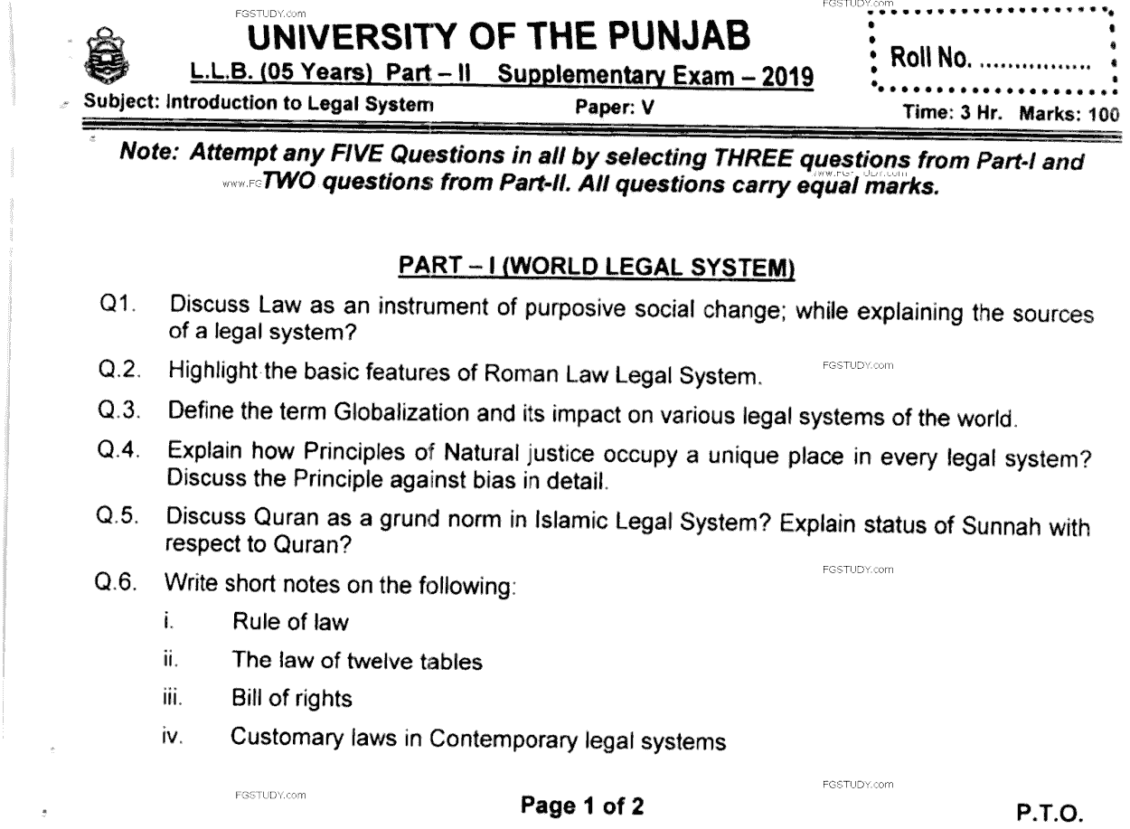 LLB Part 2 Introduction To Legal Systems Past Paper 2019 Punjab University