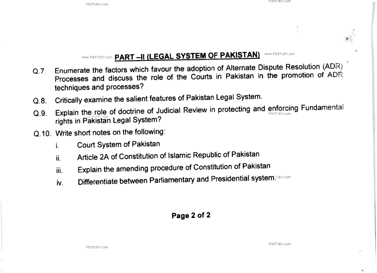 LLB Part 2 Introduction To Legal Systems Past Paper 2019 Punjab University