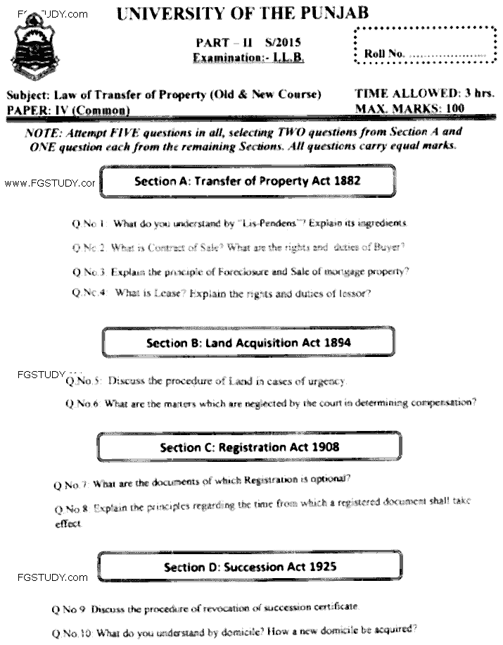 LLB Part 2 Law Of Transfer Of Property Past Paper 2015 Punjab University