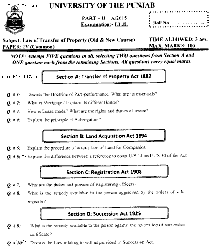 LLB Part 2 Law Of Transfer Of Property Past Paper 2015 Punjab University