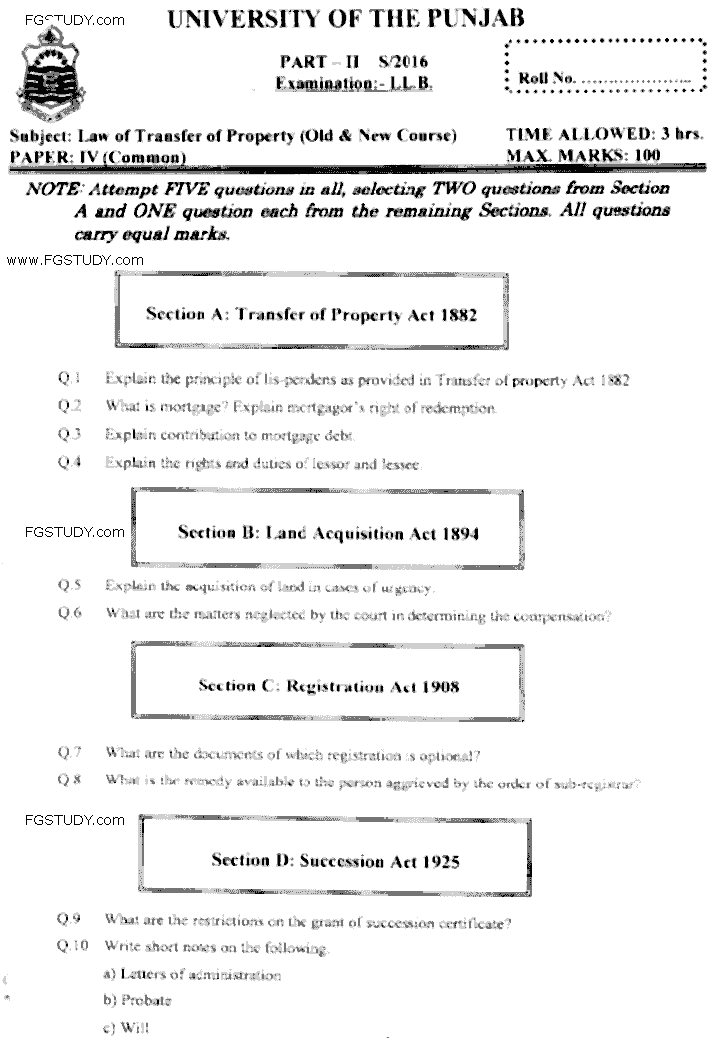 LLB Part 2 Law Of Transfer Of Property Past Paper 2016 Punjab University
