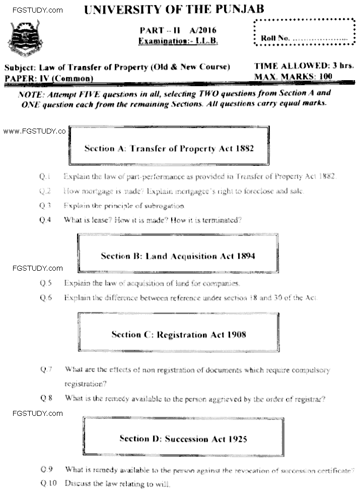 LLB Part 2 Law Of Transfer Of Property Past Paper 2016 Punjab University