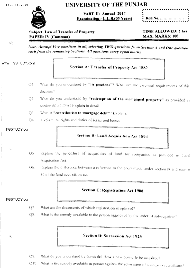 LLB Part 2 Law Of Transfer Of Property Past Paper 2017 Punjab University