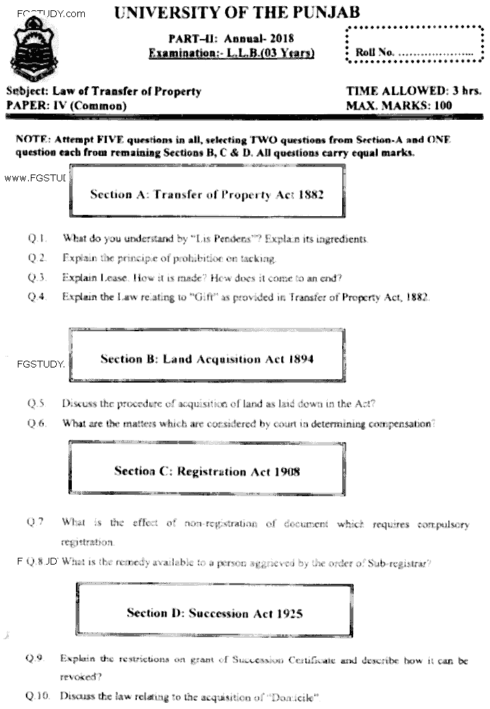 LLB Part 2 Law Of Transfer Of Property Past Paper 2018 Punjab University