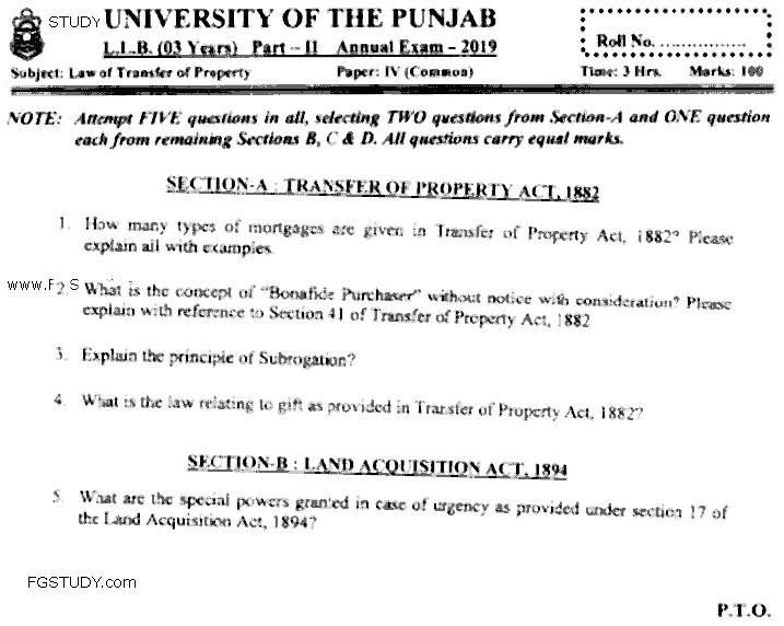 LLB Part 2 Law Of Transfer Of Property Past Paper 2019 Punjab University