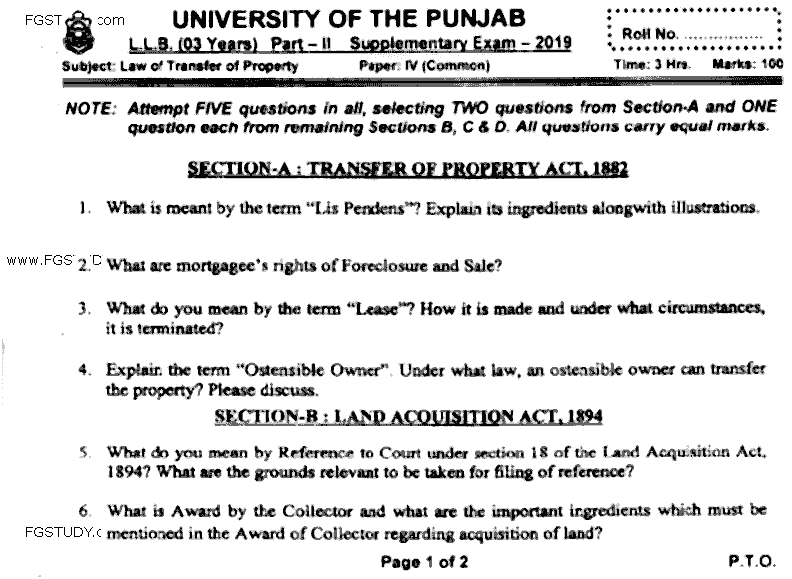 LLB Part 2 Law Of Transfer Of Property Past Paper 2019 Punjab University