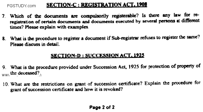 LLB Part 2 Law Of Transfer Of Property Past Paper 2019 Punjab University