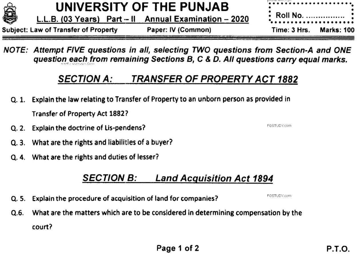 LLB Part 2 Law Of Transfer Of Property Past Paper 2020 Punjab University