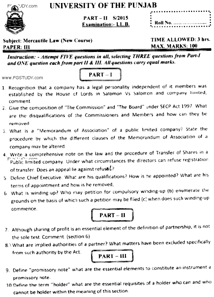 LLB Part 2 Mercantile Law Past Paper 2015 Punjab University