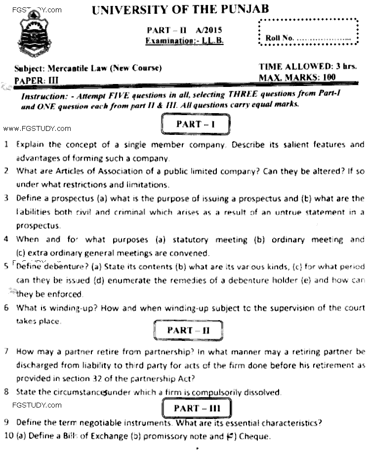 LLB Part 2 Mercantile Law Past Paper 2015 Punjab University