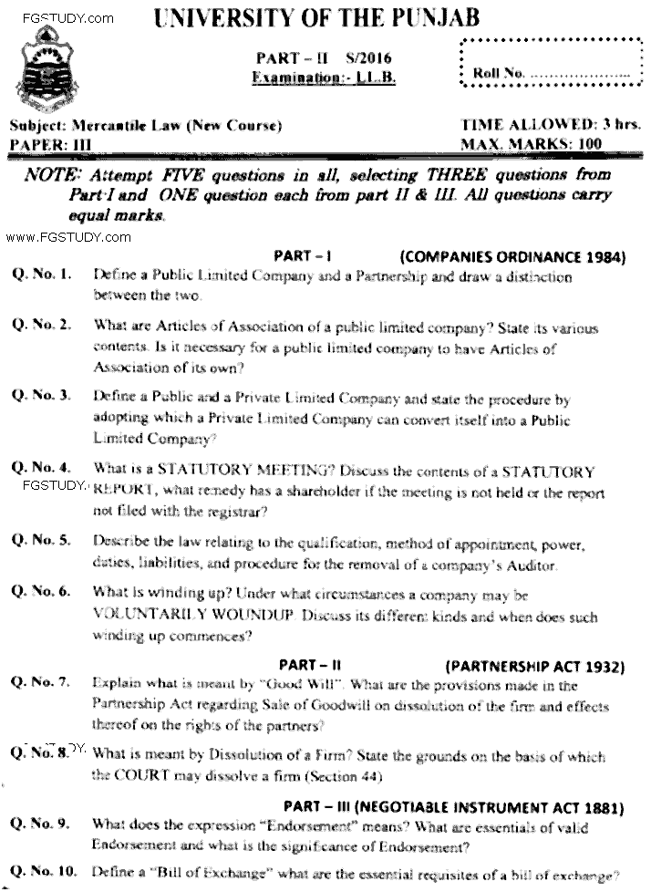 LLB Part 2 Mercantile Law Past Paper 2016 Punjab University