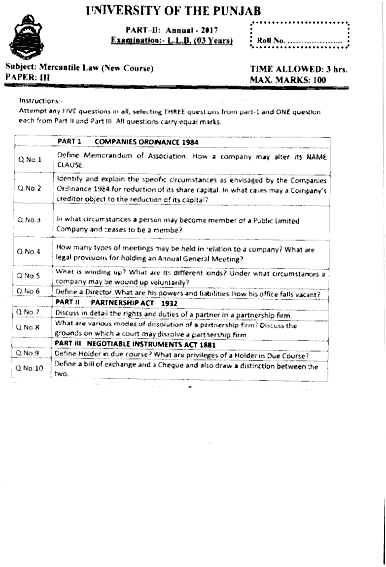 LLB Part 2 Mercantile Law Past Paper 2017 Punjab University