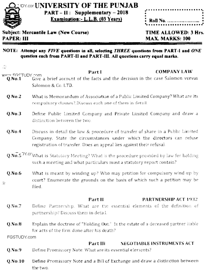 LLB Part 2 Mercantile Law Past Paper 2018 Punjab University