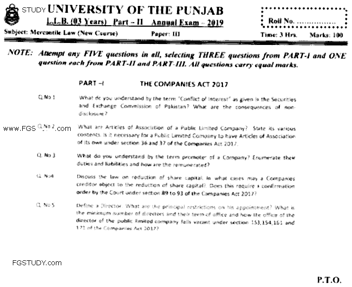 LLB Part 2 Mercantile Law Past Paper 2019 Punjab University