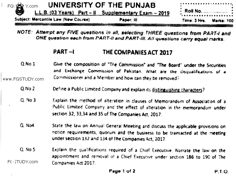 LLB Part 2 Mercantile Law Past Paper 2019 Punjab University