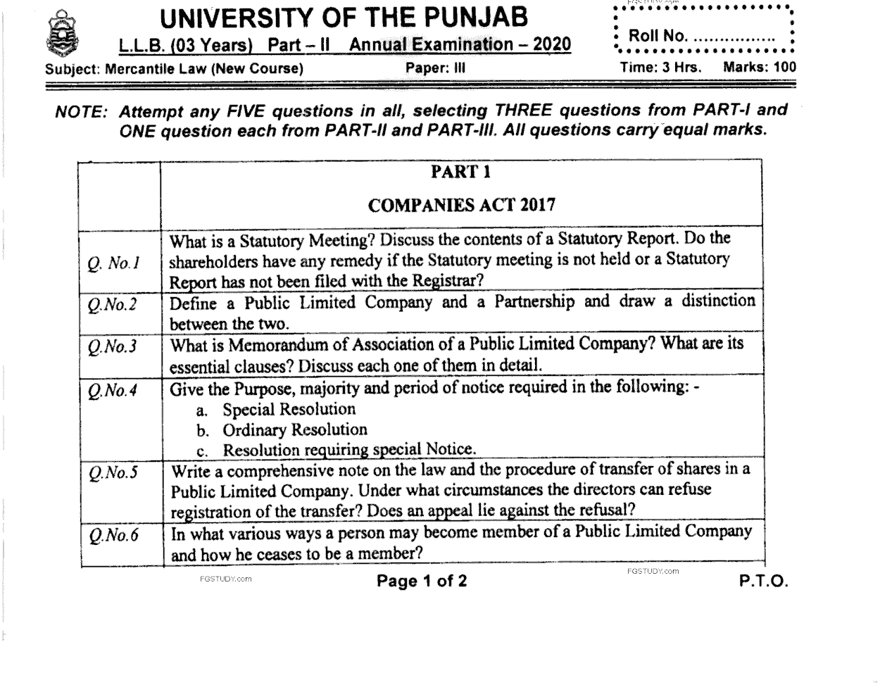LLB Part 2 Mercantile Law Past Paper 2020 Punjab University