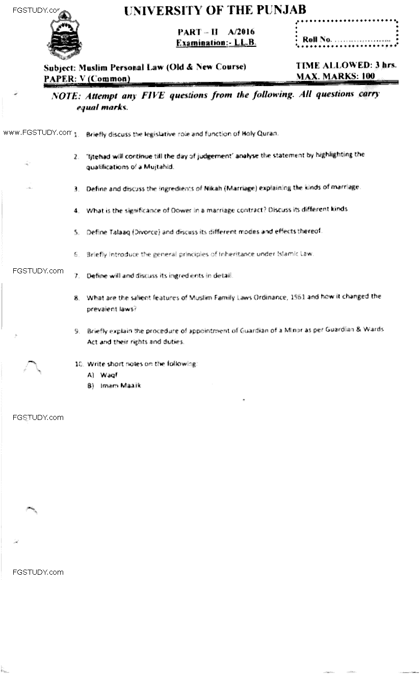 LLB Part 2 Muslim Personal Law Past Paper 2016 Punjab University