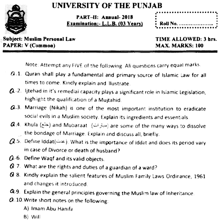LLB Part 2 Muslim Personal Law Past Paper 2018 Punjab University