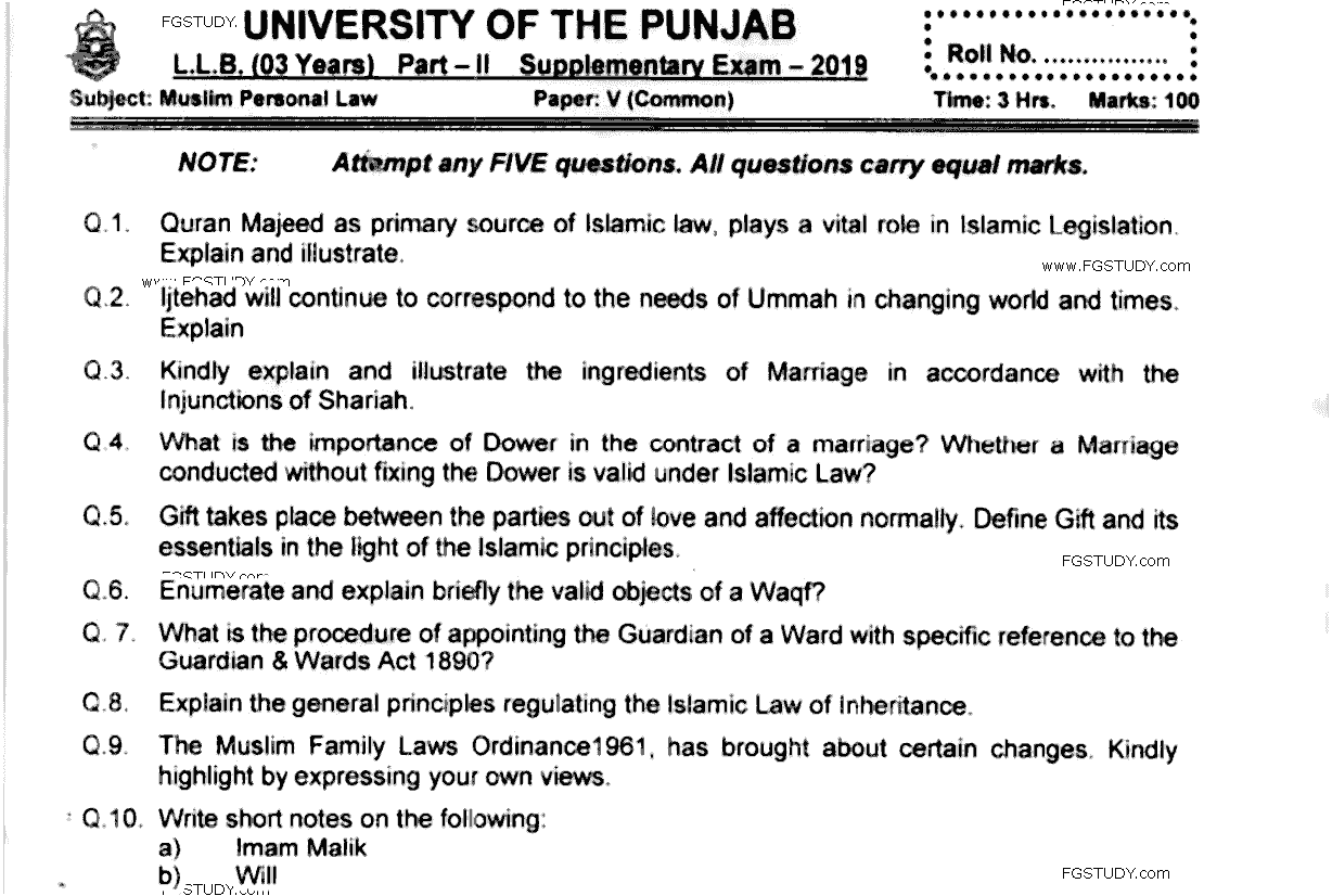LLB Part 2 Muslim Personal Law Past Paper 2019 Punjab University