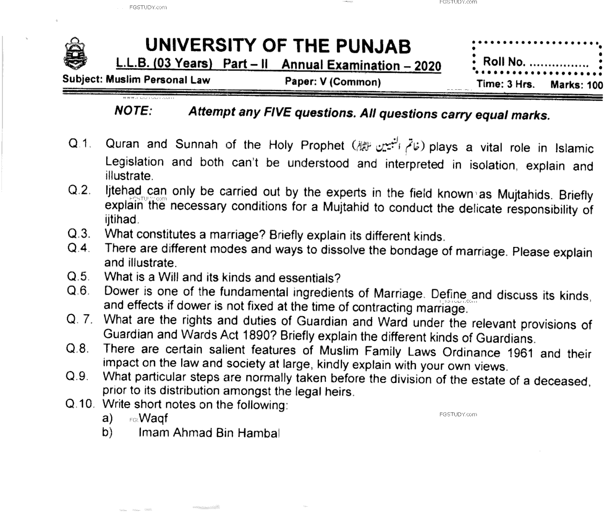 LLB Part 2 Muslim Personal Law Past Paper 2020 Punjab University