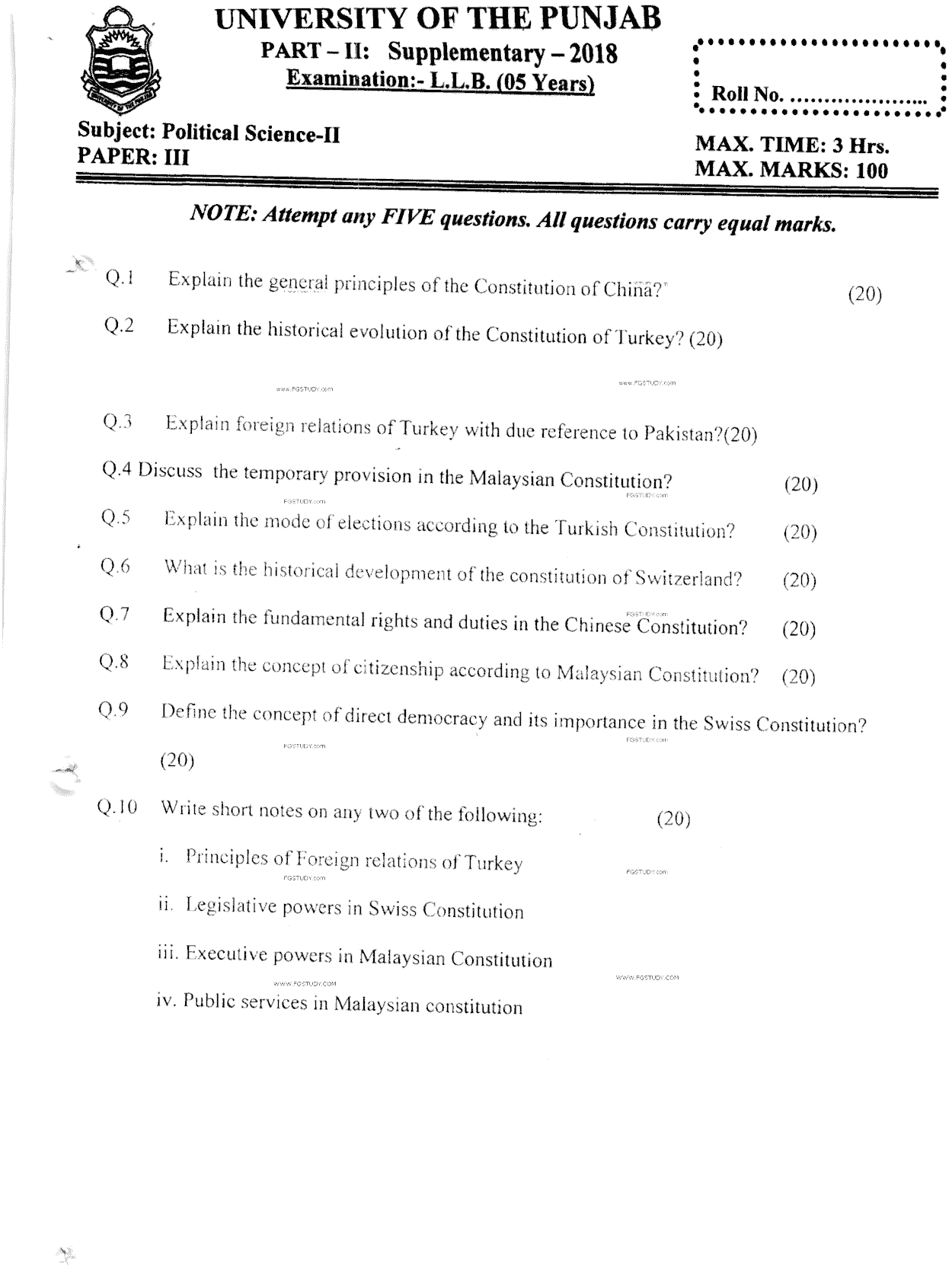 LLB Part 2 Political Science 2 Past Paper 2018 Punjab University
