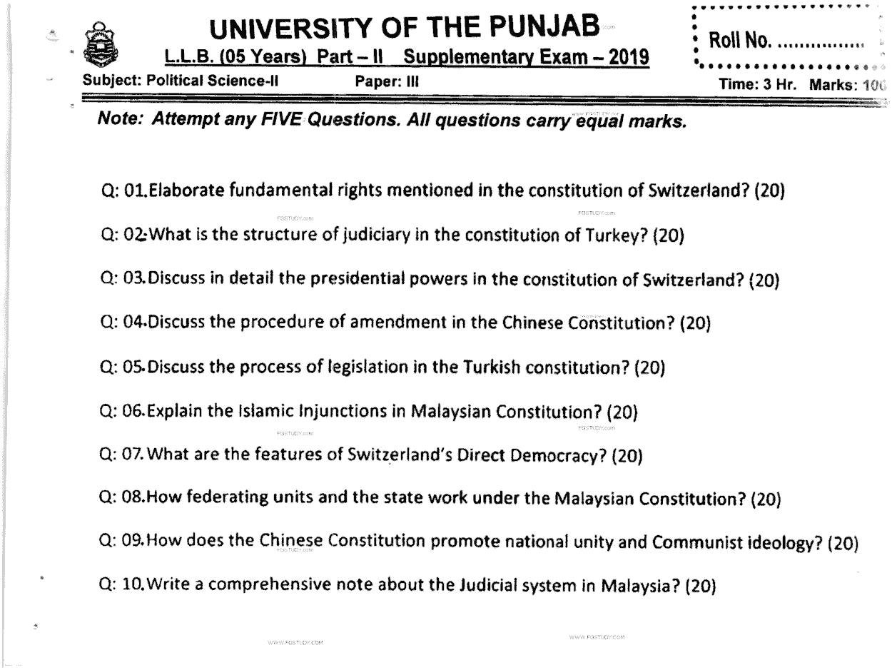 LLB Part 2 Political Science 2 Past Paper 2019 Punjab University